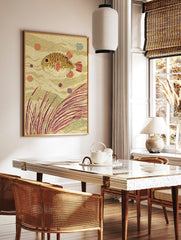 Illustrative pufferfish swimming among seaweed and wavy patterns in warm earth tones, in a styled room mockup