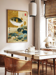 Japanese illustrative print of a pufferfish with gold fins swimming over blue and gold fan-like, in a styled room mockup