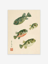 Stylised pufferfish illustration with Japanese calligraphy and red seal on cream background