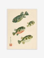 Stylised pufferfish illustration with Japanese calligraphy and red seal on cream background