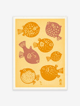 Illustrative pufferfish wall art print with orange and brown fish on a yellow background, featuring Japanese kanji