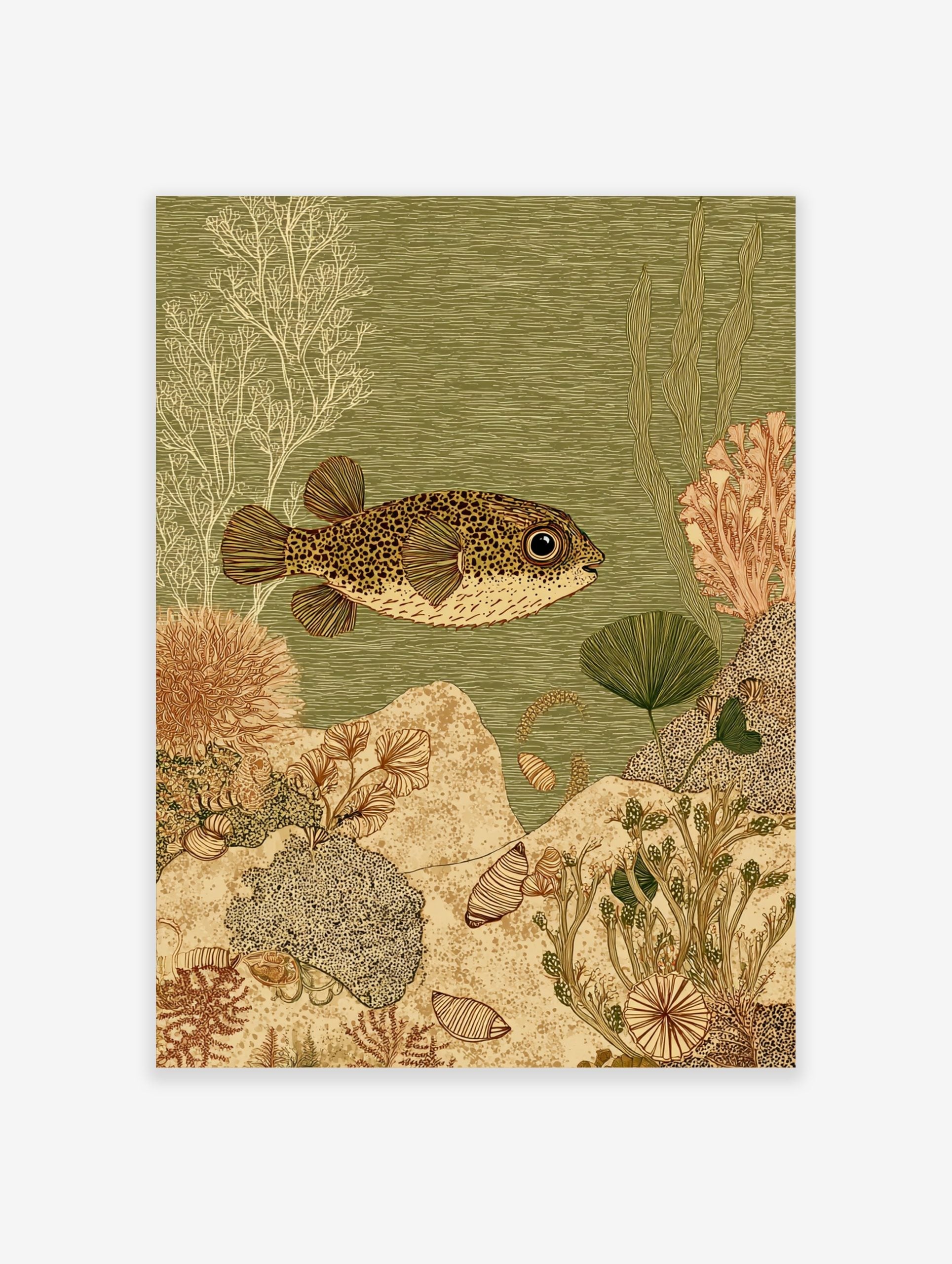 Spotted pufferfish swimming right in green water with white and brown coral, plants, and shells on seabed