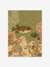 Spotted pufferfish swimming right in green water with white and brown coral, plants, and shells on seabed