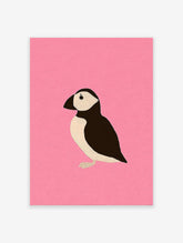 Minimalist black and white puffin bird illustration on a textured pink background art print