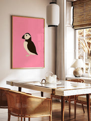 Minimalist black and white puffin bird illustration on a textured pink background art print - Image 3
