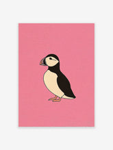 Minimalist puffin bird illustration art print on a vibrant pink background, showcasing the bird's black and white plumage.
