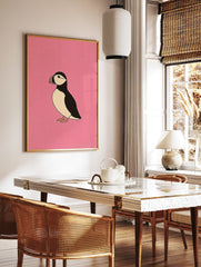 Minimalist puffin bird illustration art print on a vibrant pink background, showcasing the bird's black and white plumage. - Image 3
