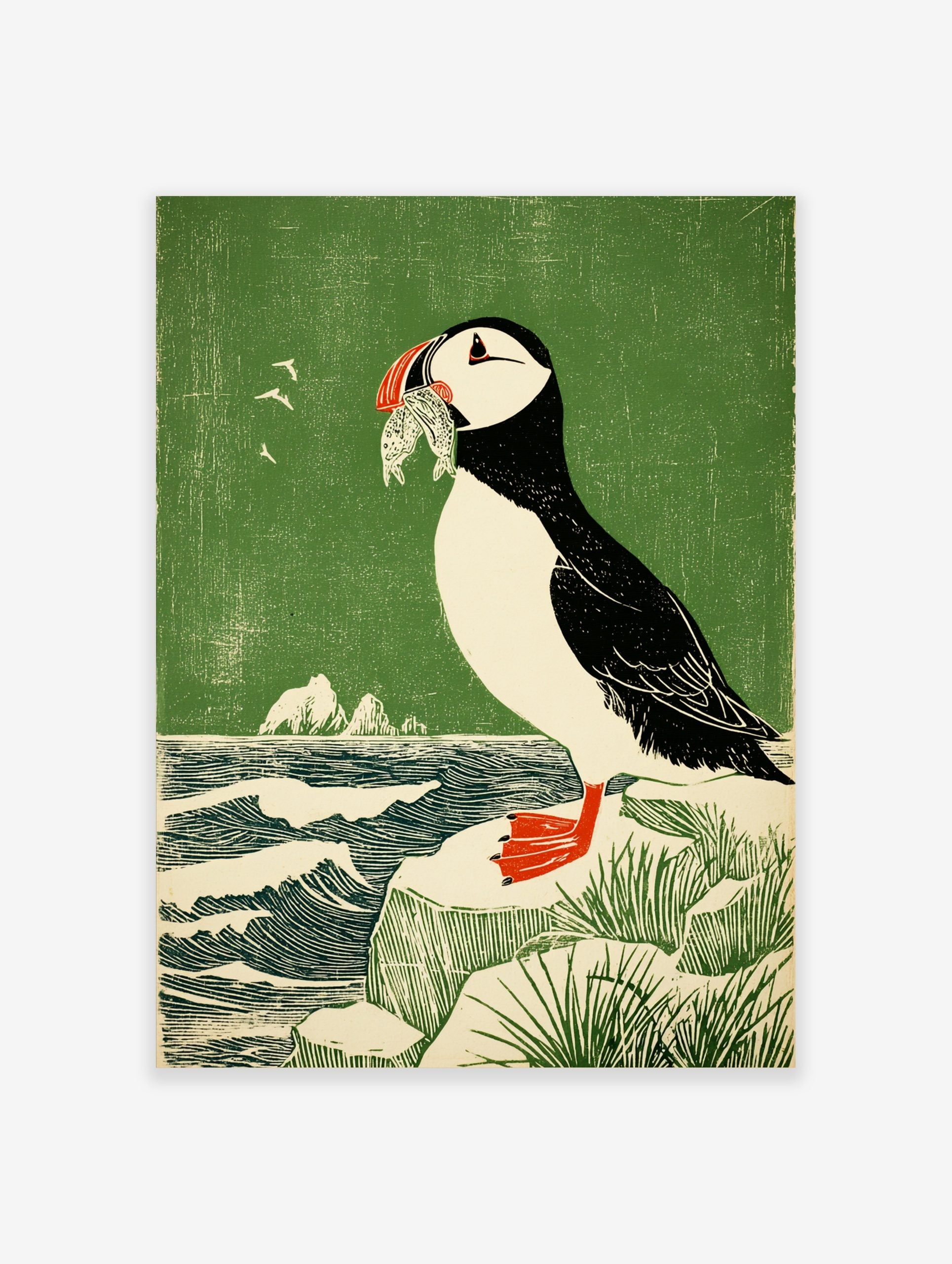 Illustrative woodcut style print of a puffin holding fish in its beak, standing on a rock by a green sea