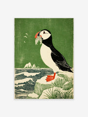 Illustrative woodcut style print of a puffin holding fish in its beak, standing on a rock by a green sea