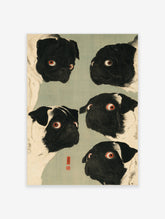 Five black and white pug portraits with red eyes arranged on a sage green background in a Japanese style art print