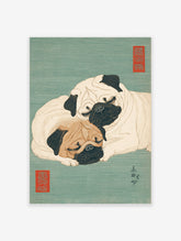 Two sleeping pugs in a vintage Japanese woodblock print style on a textured green background with red seals and calligraphy.