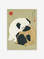 Two sleeping fawn and white pug dogs cuddling in an illustrated Japanese style pug wall art print with a red sun & calligraphy.