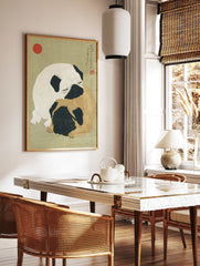 Two sleeping fawn and white pug dogs cuddling in an illustrated Japanese style pug wall art print with a red sun & calligraphy. - Image 2