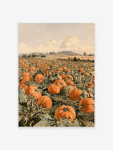 Watercolour painting of a pumpkin patch field with a red barn in the distance under a cloudy sky