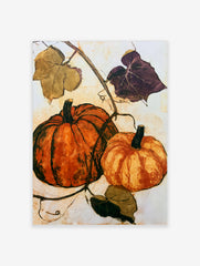 Pumpkin wall art featuring two orange gourds and botanical vines on a cream background, illustrative autumn decor print