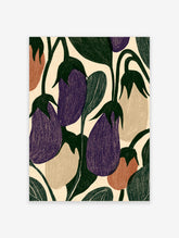 Purple aubergine vegetable art print with green leaves on cream background