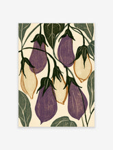 Purple and cream aubergine botanical illustration with dark green leaves on a cream background