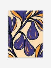 Purple fig wall art print with bold black outlines and orange highlights on cream background
