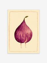 Purple fig character with face and legs on cream background art print