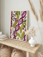 Purple and green DNA helix botanical pattern wall art print on an off-white background, in an alternate framed mockup
