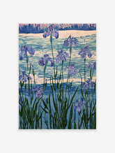Purple iris flower botanical art print with batik-style textured petals and blue background