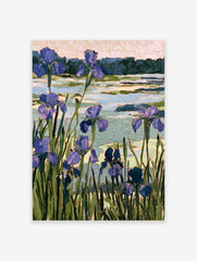 Purple iris flower botanical art print with mosaic-style textured lake background and green stems