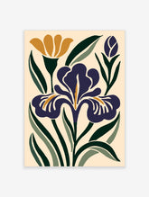 Purple iris flower botanical art print with green leaves and gold accent on cream background