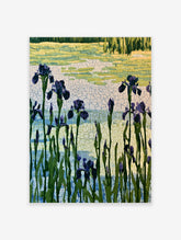 Purple iris flowers with green leaves on a light, textured background, botanical art print