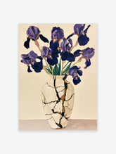 Purple iris flowers in a white vase with gold kintsugi cracks on a cream background, botanical wall art print