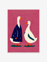 Illustrative art print of two white geese, one in a blue coat, against a textured pink background