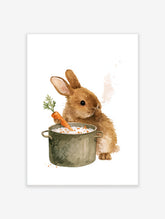 Watercolour illustration of a brown rabbit cooking a carrot in a metal pot on a white background