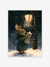 Illustration of a brown rabbit in a blue coat and green scarf singing under a street lamp in a snowy night scene