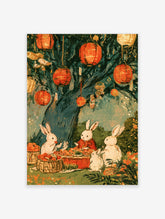 Japanese festival poster of white rabbits under a tree with red lanterns and fruit baskets