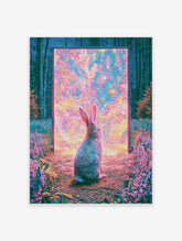 Surreal art print of a rabbit sitting in a forest looking into a glowing cosmic portal with pink and orange light
