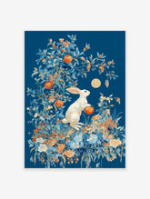 White rabbit poster in a lush blue and orange botanical setting with oranges and a golden moon emblem.