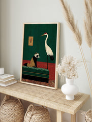 Illustrative art print of a raccoon on a green couch and a crane in a green and red room, in an alternate framed mockup