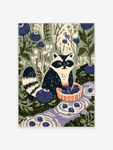 Raccoon holding bowl of blueberries among green leaves and large berries, flat illustrative art print