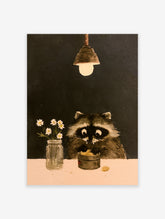 Illustrative raccoon eating cookies from a tin under a hanging lamp with a vase of daisies, animal wall art print