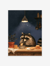Detailed illustration of a raccoon eating a cookie at a kitchen table with a blue background