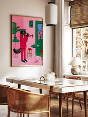 Raccoon in a pink suit playing a trumpet in a pink room with green furniture, illustrative wall art, in a styled room mockup