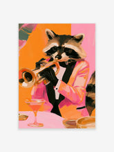 Raccoon in a tuxedo playing a trumpet with a cocktail on a table, orange and pink painterly illustration