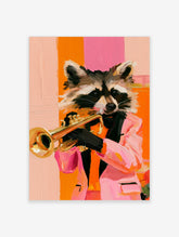 A stylized painting of a raccoon wearing a pink blazer and bow tie while playing a gold trumpet