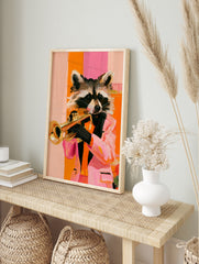 A stylized painting of a raccoon wearing a pink blazer and bow tie while playing a gold, in an alternate framed mockup