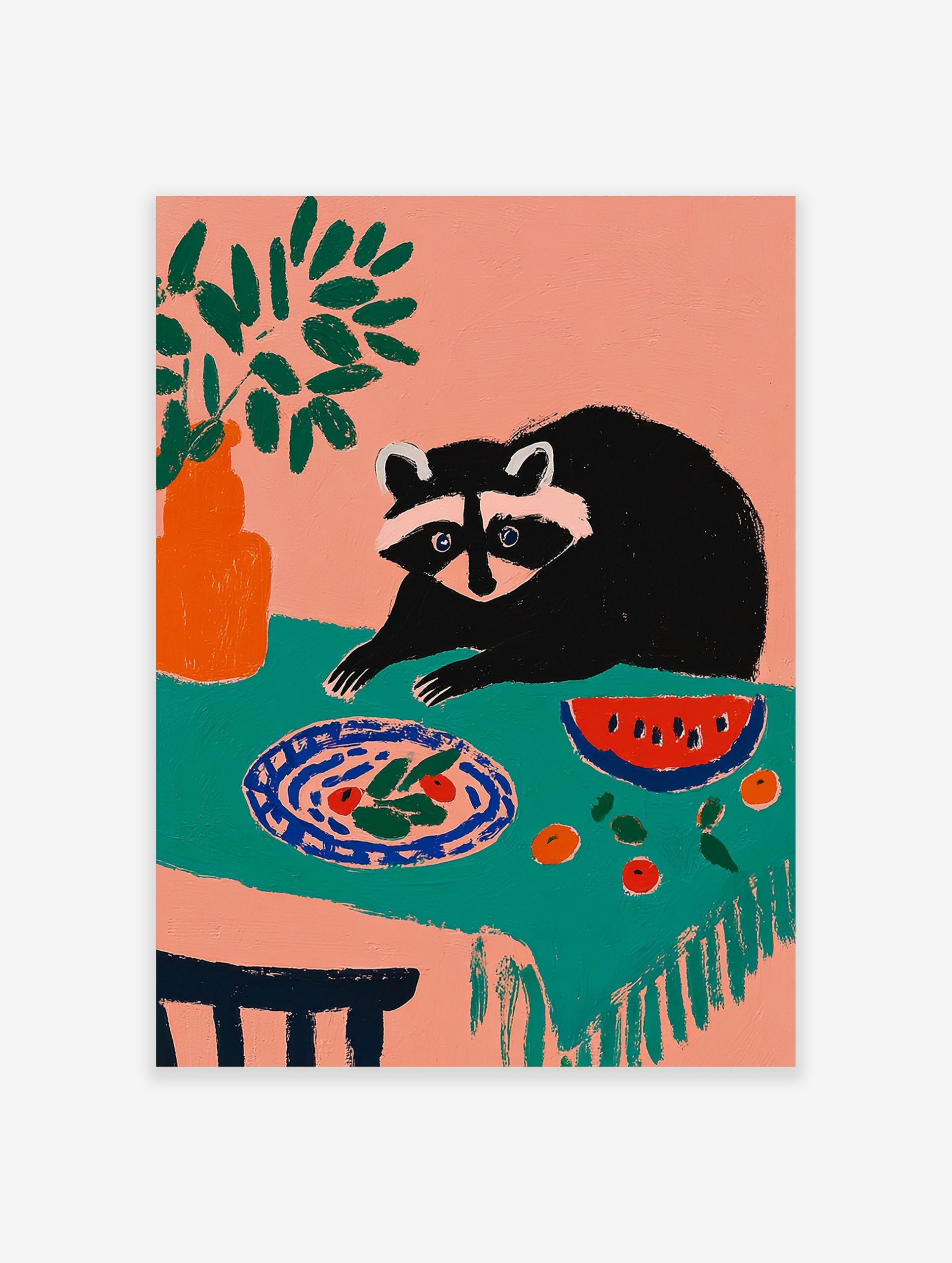 Illustrative art print of a raccoon looking at a plate of food and watermelon on a teal tablecloth