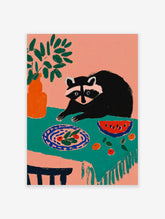 Illustrative art print of a raccoon looking at a plate of food and watermelon on a teal tablecloth