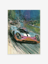 Vintage race car poster illustration featuring a light blue, pink, and orange Porsche 917 racing on a dynamic track.