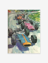 Dynamic racing car art print showing multiple vintage Formula 1 cars in blue, pink, and orange on a green track.