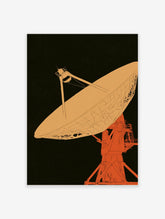 Radio telescope poster with large dish antenna and support structure on black background