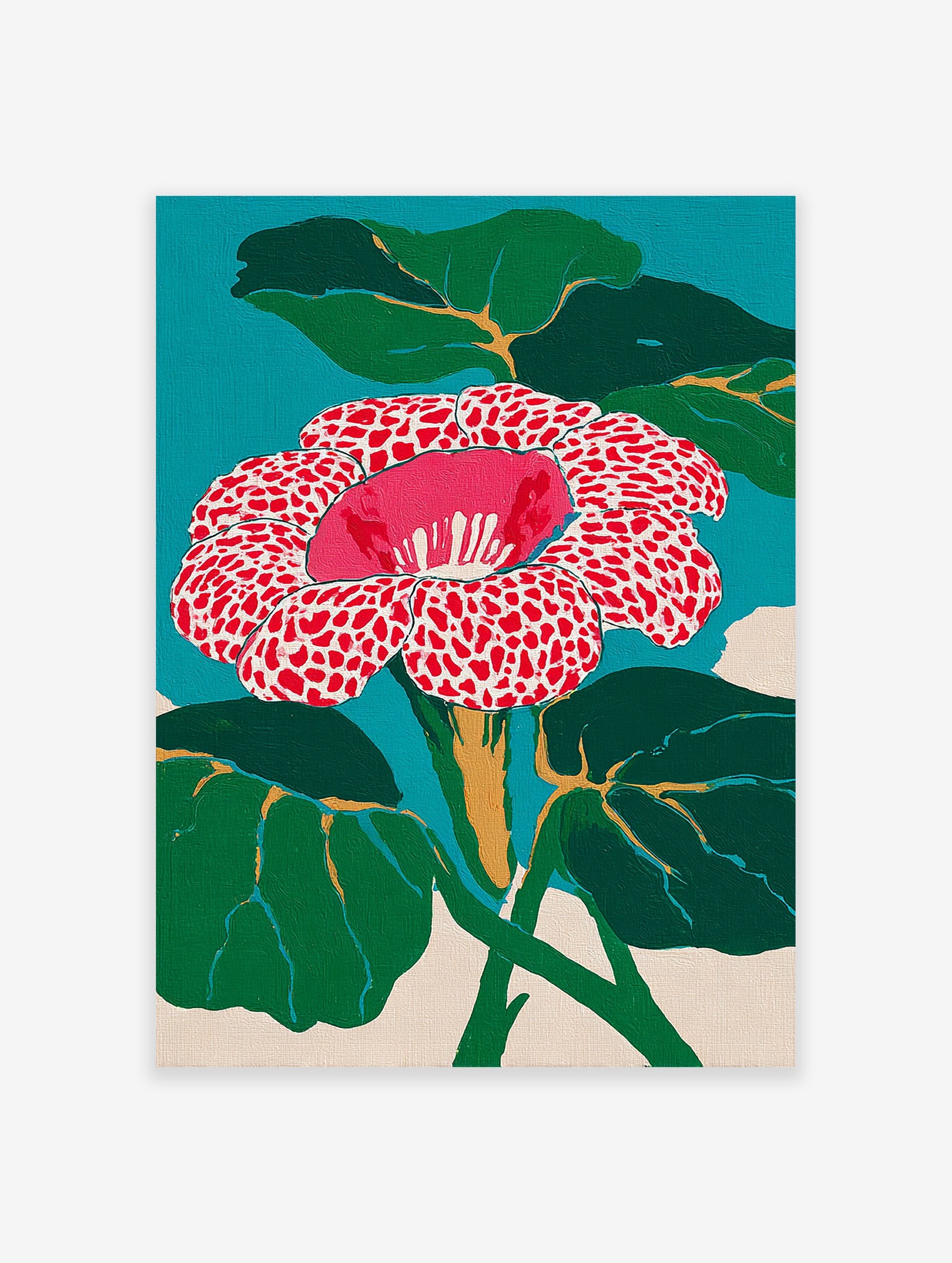 Vibrant red and white spotted Rafflesia flower wall art with green leaves and a teal background, in a modern botanical painting style.