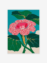 Vibrant red and white spotted Rafflesia flower wall art with green leaves and a teal background, in a modern botanical painting style.